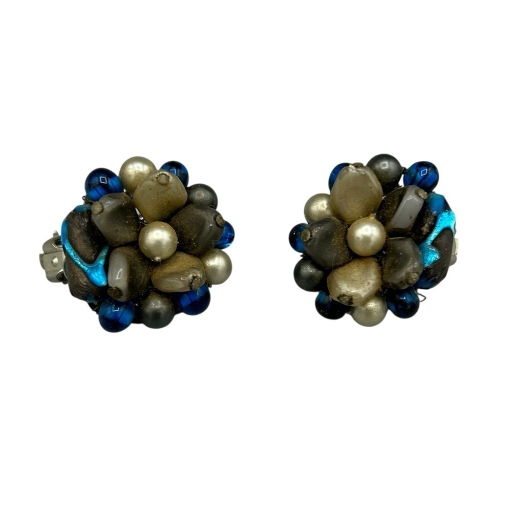 Vintage Made in Japan Blue Glass Bead Cluster Clip On Earrings Mid Century